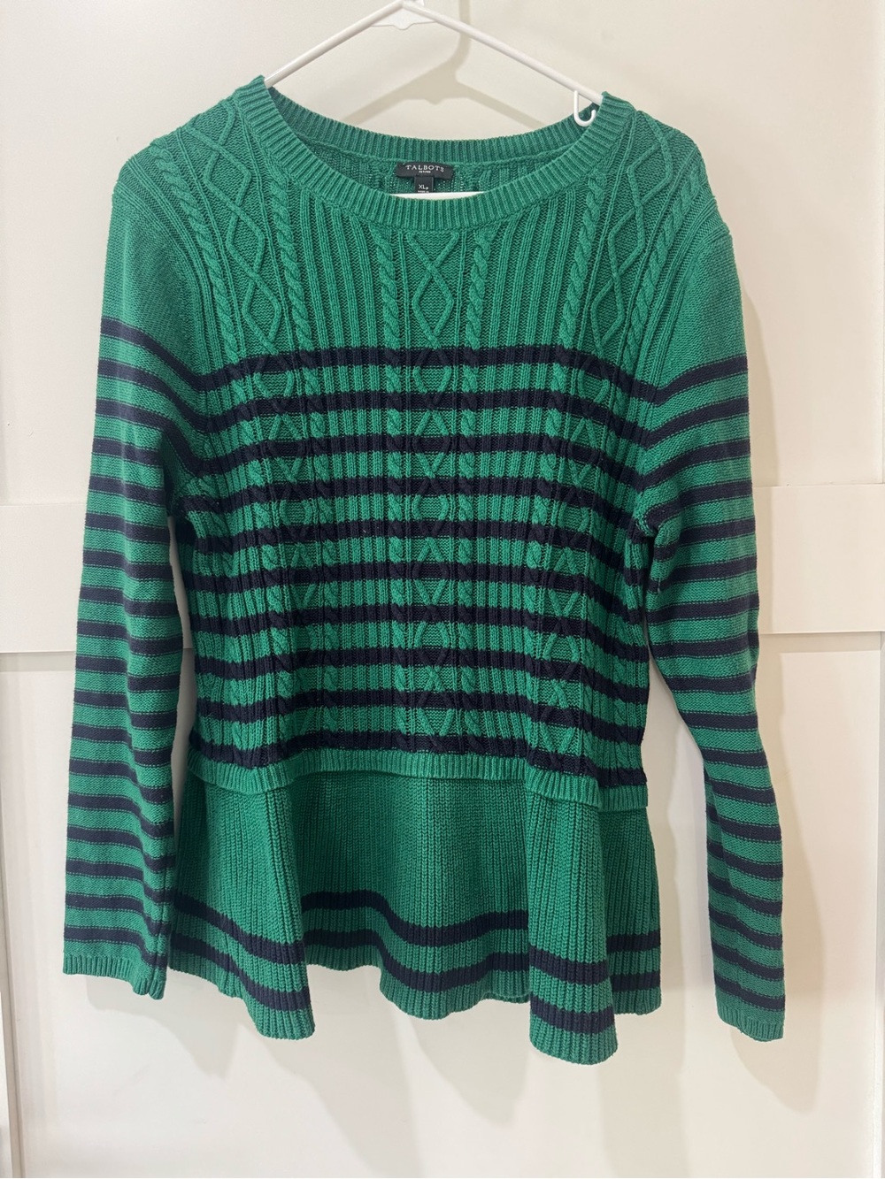 Talbots Green and Navy Striped Cable-Knit Peplum Sweater,Cotton and Cashmere XLp